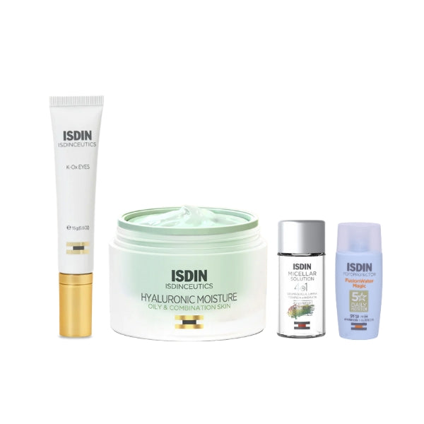 ISDIN - Green Routine Set Hyaluronic Moisture Oily and Combination + K-Ox Eyes + FREE Minis And Pouch