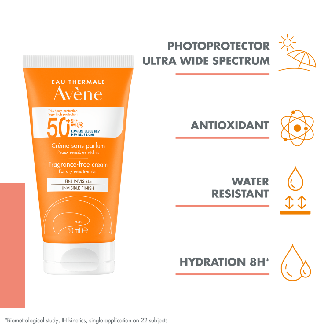 Avene sunscreen cream tube with product features on a white background