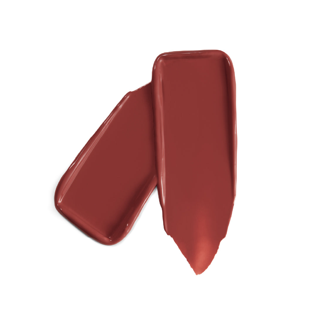 Two swatches of red lipstick on a white background