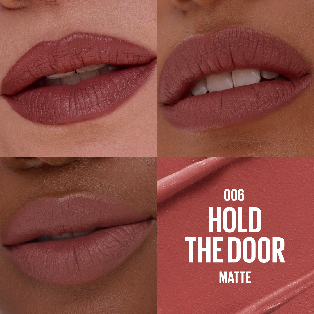 Collage of a lipstick shade with close-up views on lips and a swatch, labeled 'Hold the Door Matte'.