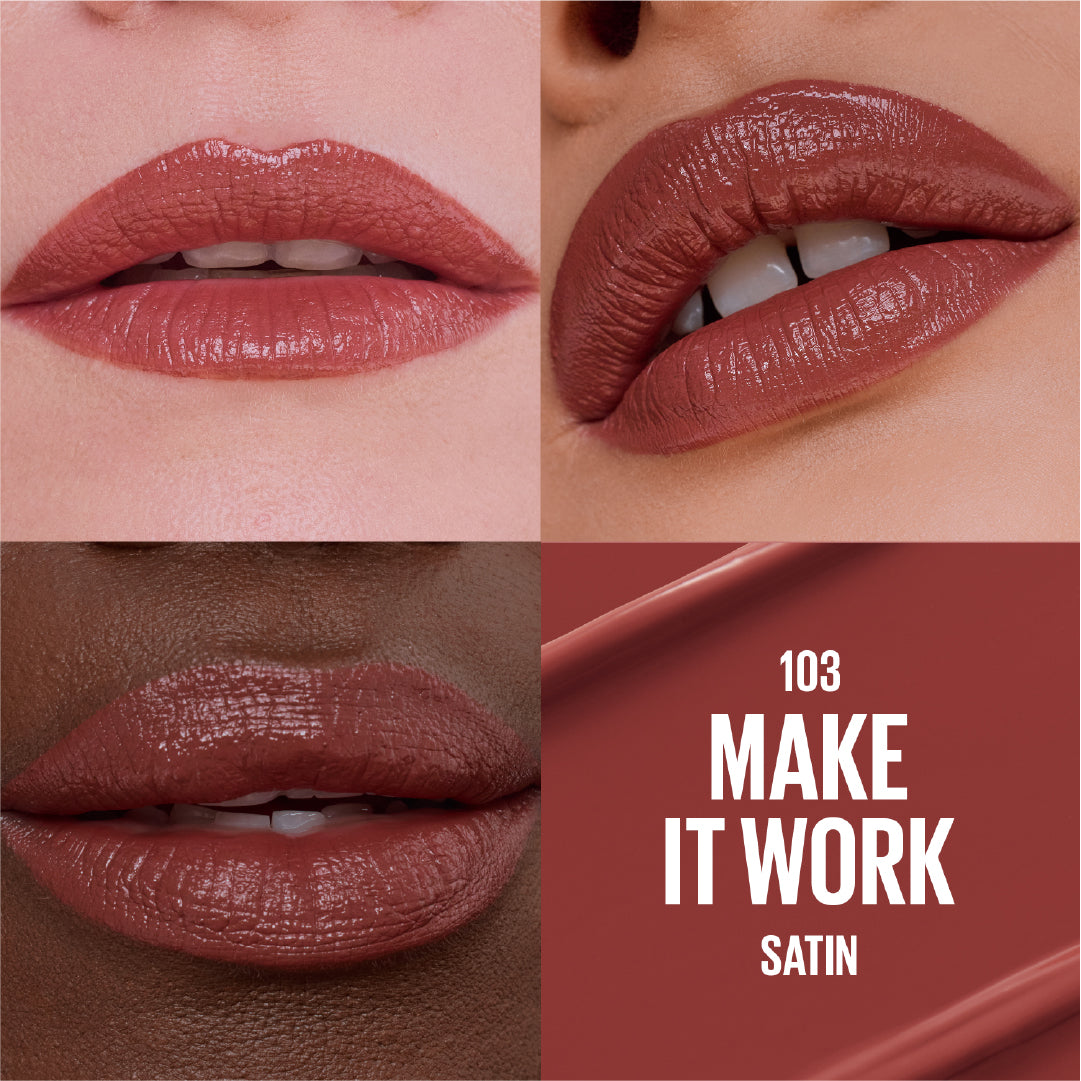 Collage of lips wearing a satin lipstick with color code 103 and text 'MAKE IT WORK'.