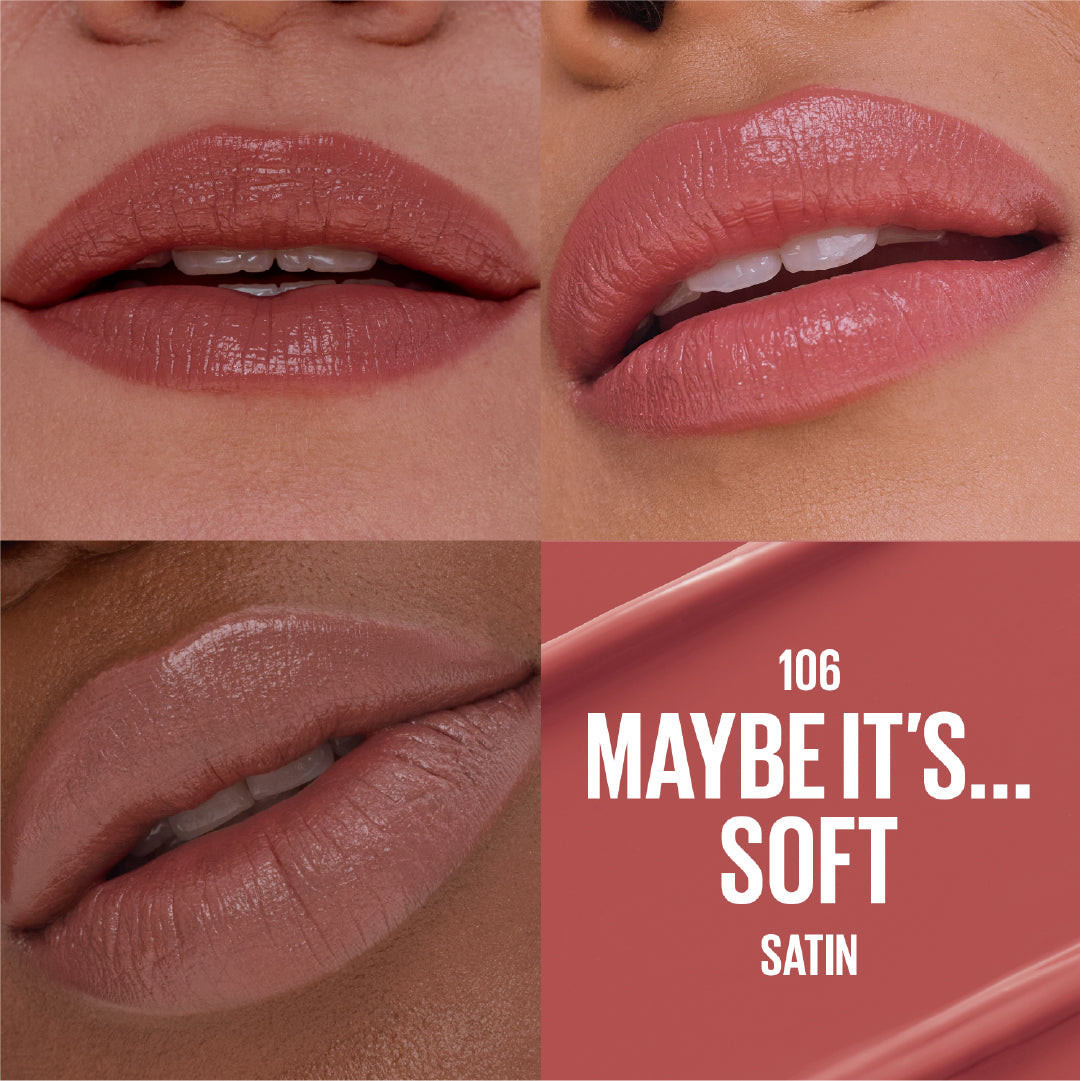 Close-up of lips wearing a soft satin lipstick with color swatch labeled '106 Maybe It's... Soft Satin'.