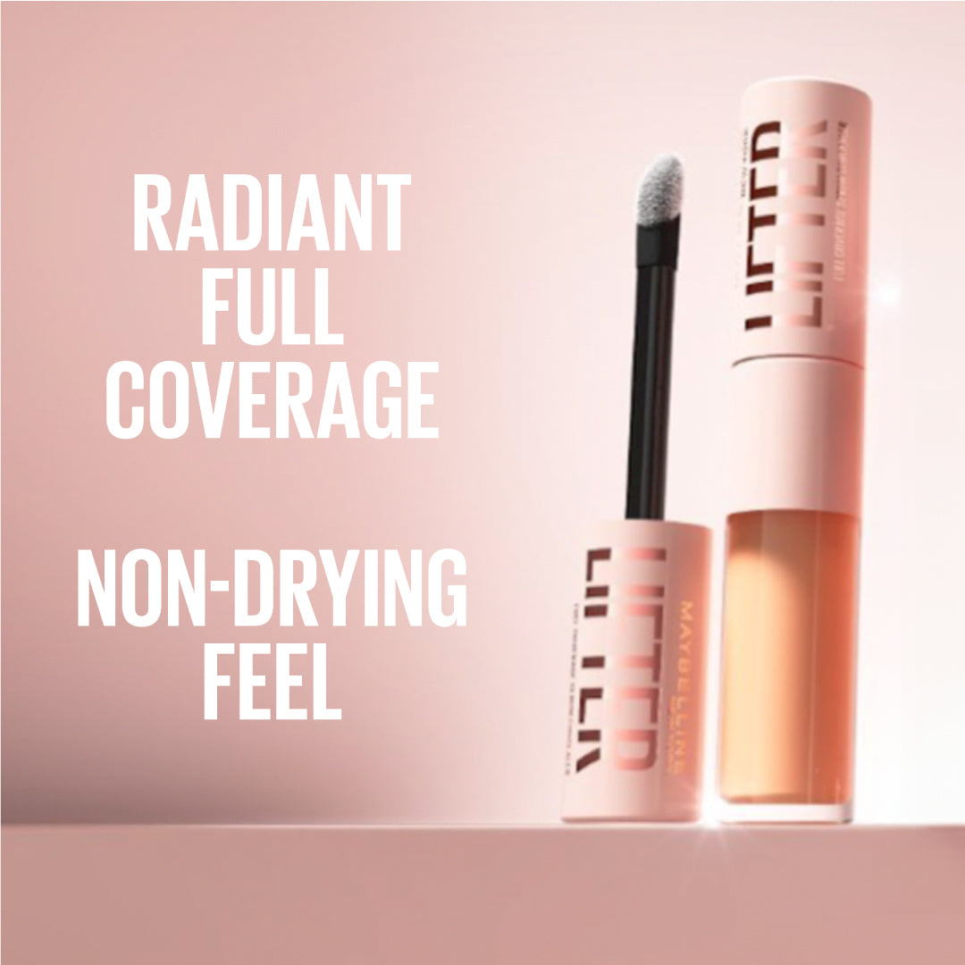 Makeup product with brush on a pink background, featuring text about coverage and feel.