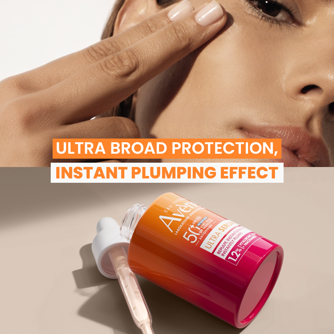 Woman applying skincare product with text about ultra broad protection and instant plumping effect, and a bottle of the product on a beige background.