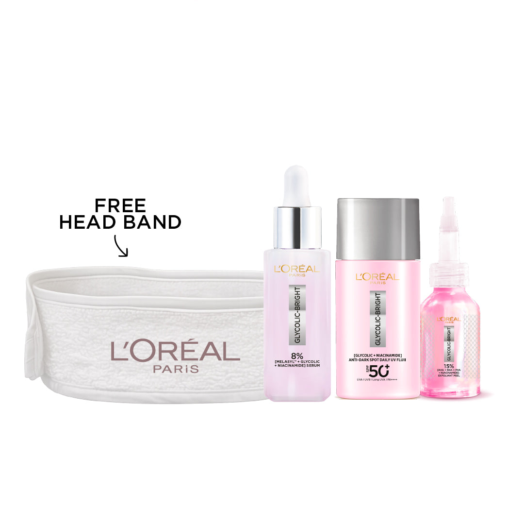 Glycolic Bright Face Serum + Anti-Dark Spot Daily UV + Anti-Dark Spot Exfoliant Peel + FREE Headband