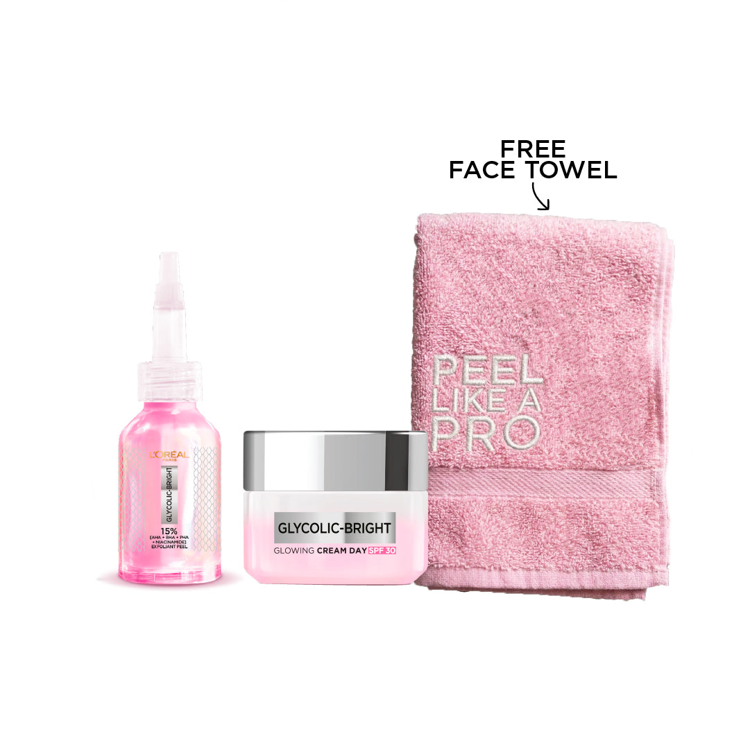 Glycolic-Bright Anti-Dark Spot Exfoliant Peel + Glowing Day Cream + FREE Towel