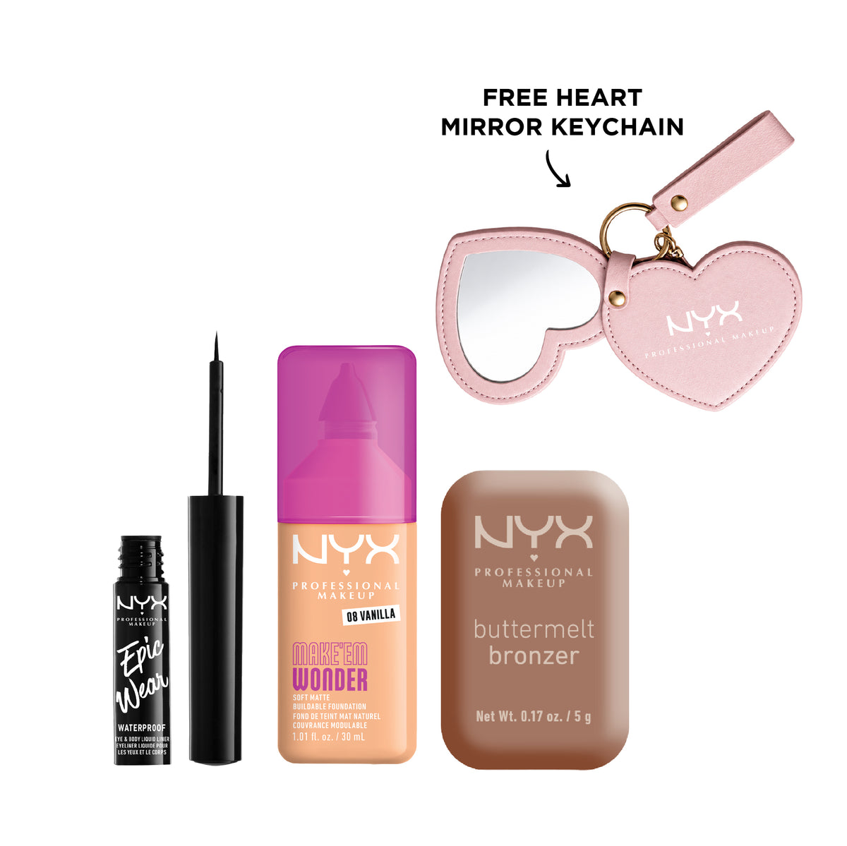 Epic Wear Liquid Liner + Make ‘Em Wonder Foundation + Buttermelt Bronzer + FREE Hear Mirror Keychain At 20% OFF