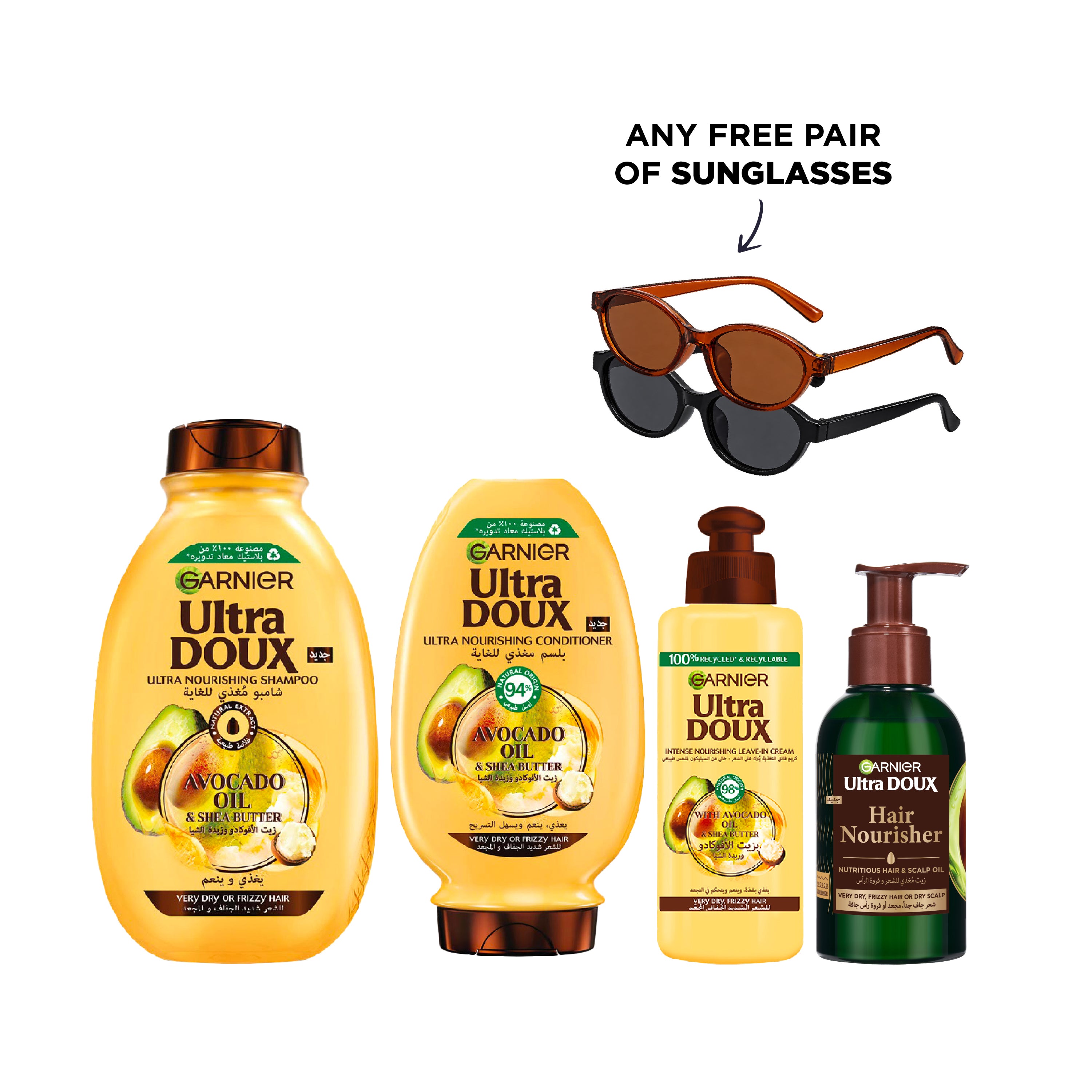Ultra Doux Avocado  Shampoo + Conditioner + Leave-in + Serum + FREE Pair Of Sunglasses At 20% OFF