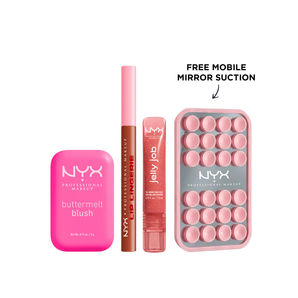 Buttermelt Blush + Lip Lingerie Lip Liner + Jelly Job Gloss + FREE Mirror Suction At 20% OFF