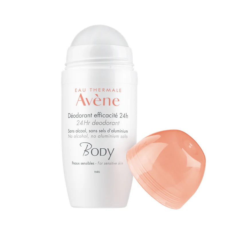Avene deodorant roll-on with a small sample of peach-colored cream on a white background