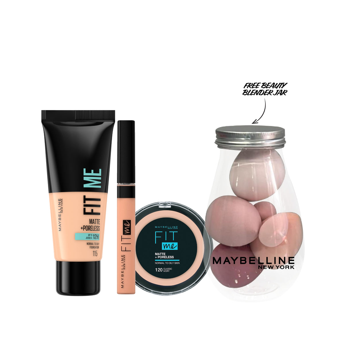 Fit Me Matte Liquid Foundation + Concealer + Powder + FREE Beauty Blender Jar At 30% OFF