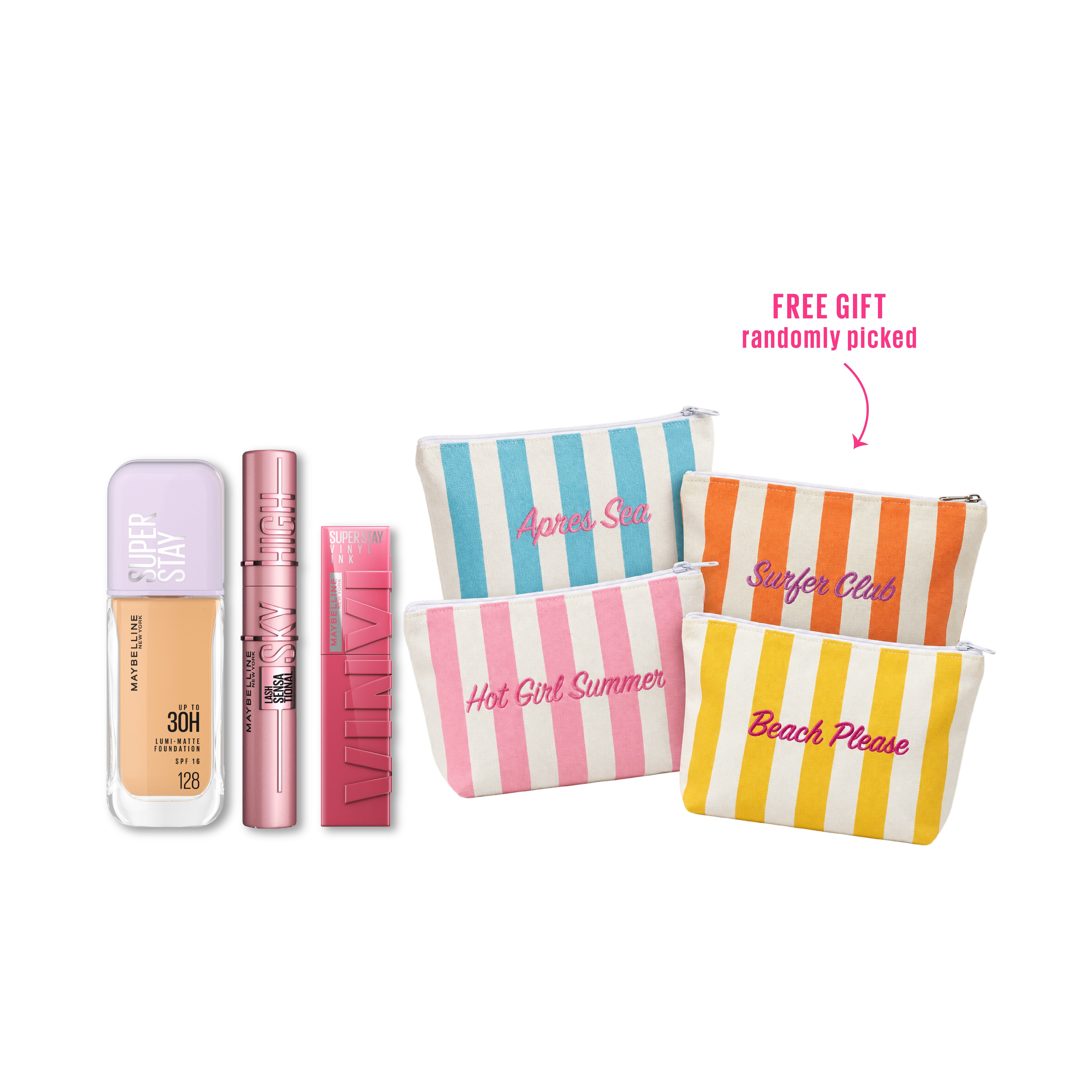 Super Stay Lumi-Matte Foundation + Black Sky High Mascara + Vinyl Ink Lipstick + FREE Pouch At 25% OFF