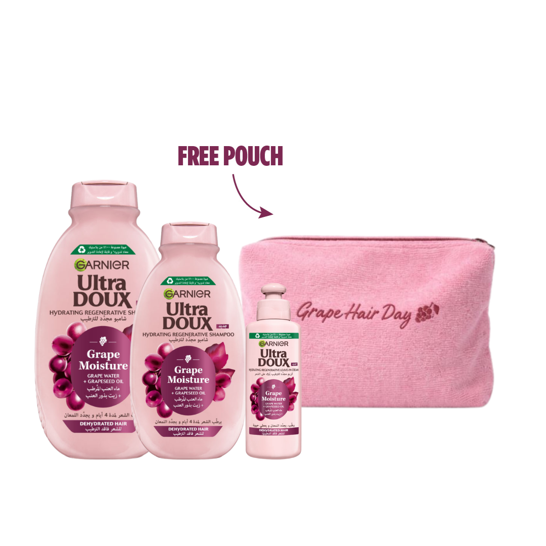 Ultra Doux Grape Shampoo 600ml + Shampoo 400ml + Leave-In + FREE Pouch