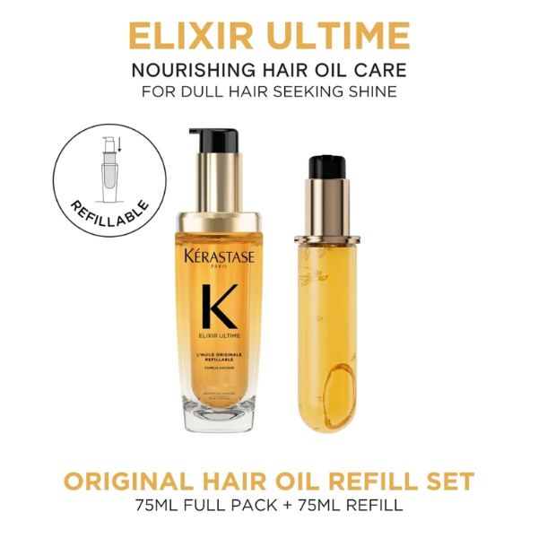 Kérastase Elixir Ultime nourishing hair oil care refill set, showing a 75ml bottle of golden oil with a black and gold pump alongside a separate 75ml refill bottle, on a white background with promotional text.