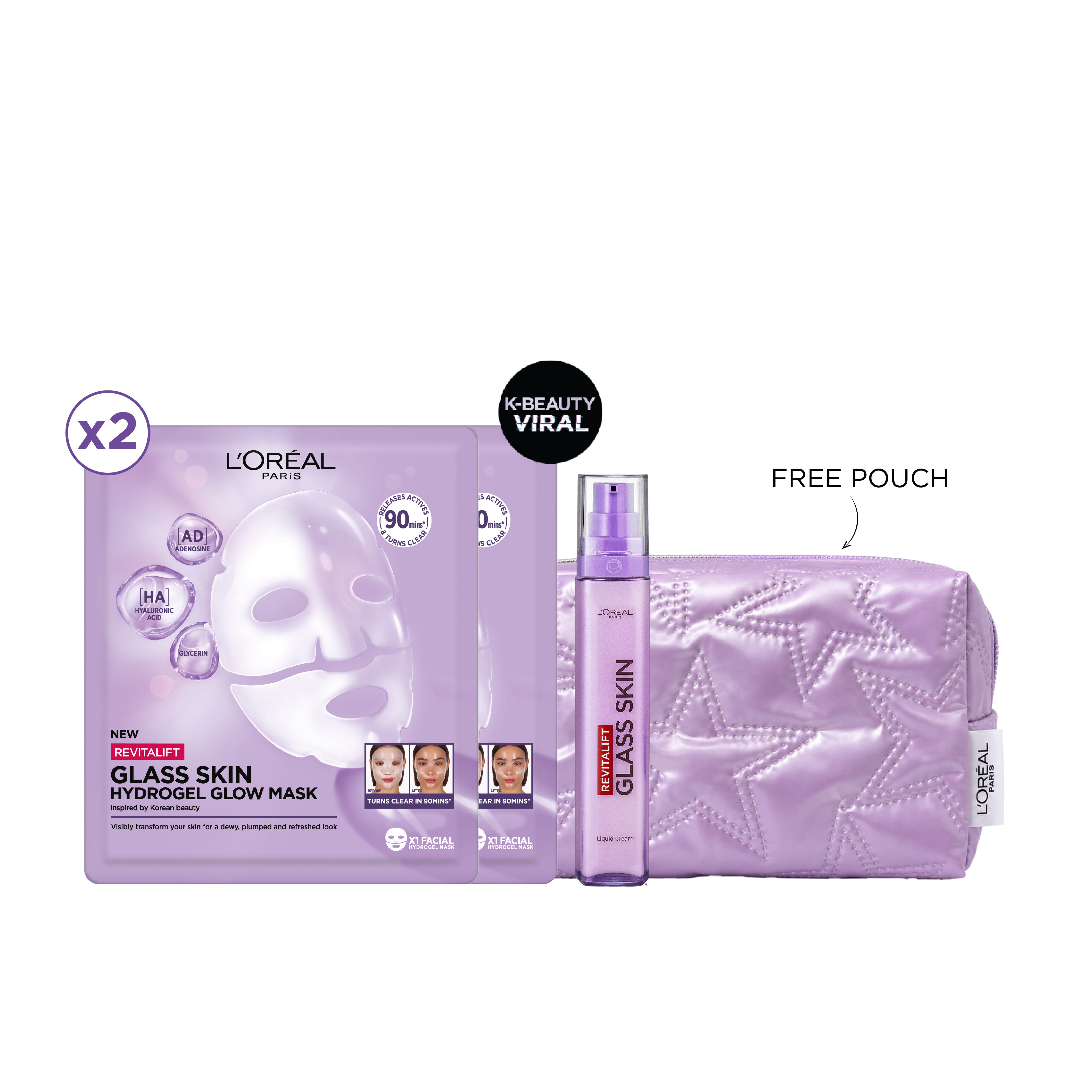 2x L’Oréal Revitalift Glass Skin Hydrogel Glow Mask + Liquid Cream + FREE Pouch