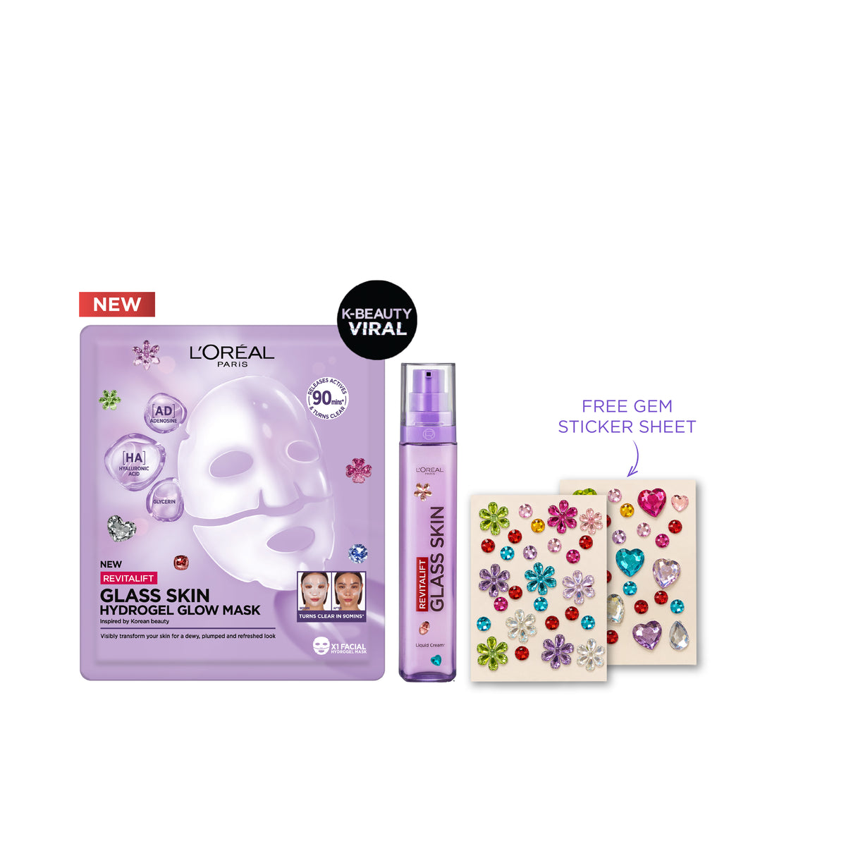 Revitalift Glass Skin Hydrogel Glow Mask + Liquid Cream + FREE Gem Sticker Sheet