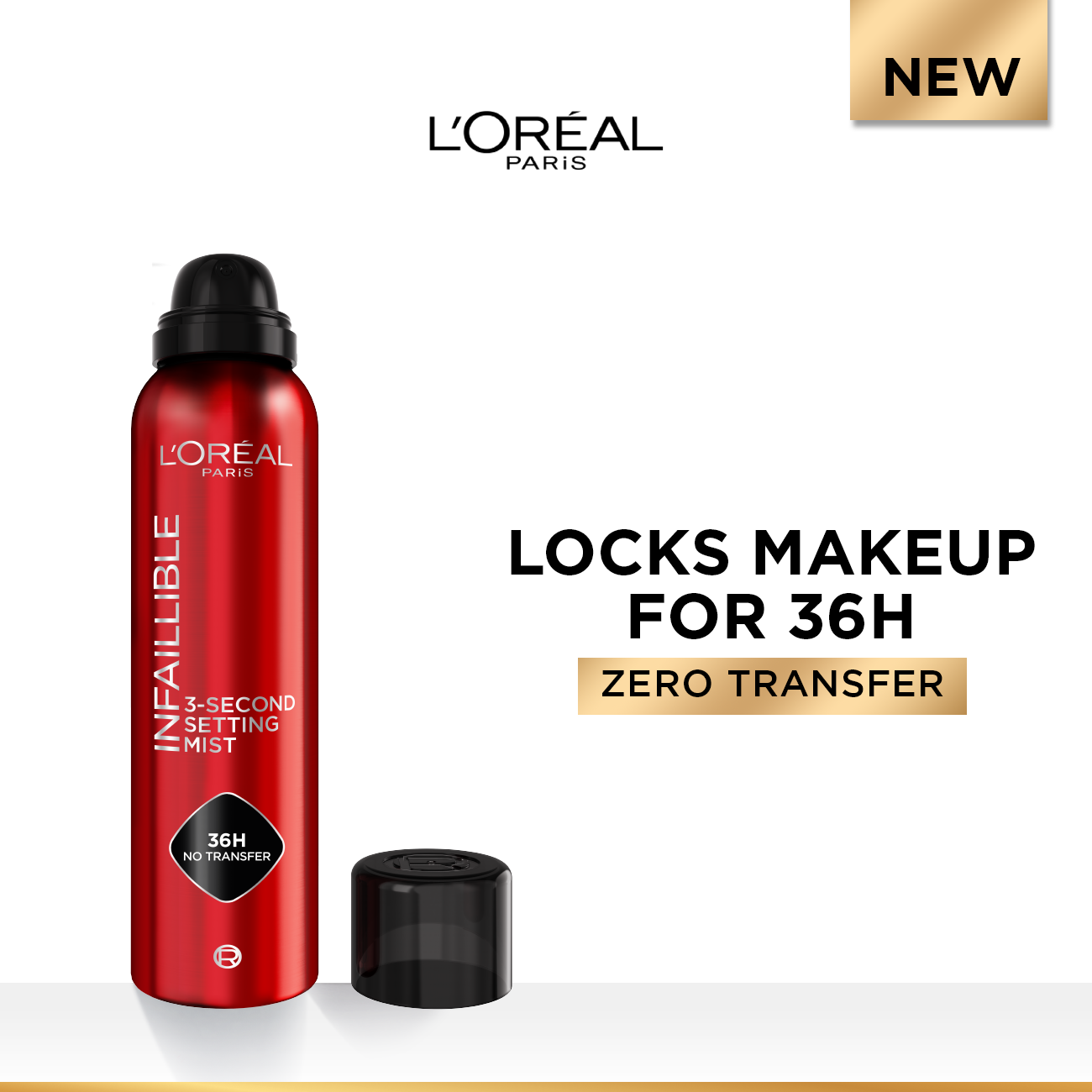 Infaillible 3-Second setting mist spray, 36h of long wear, no transfer, no marks, no stickiness