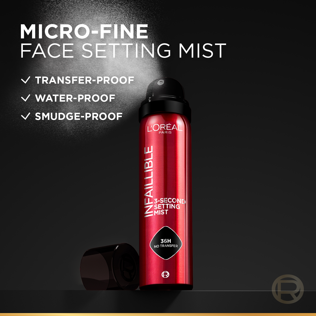 Infaillible 3-Second setting mist spray, 36h of long wear, no transfer, no marks, no stickiness