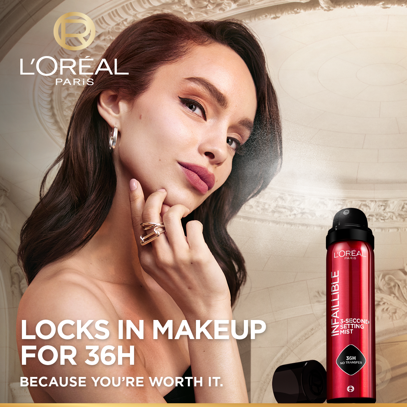 Infaillible 3-Second setting mist spray, 36h of long wear, no transfer, no marks, no stickiness