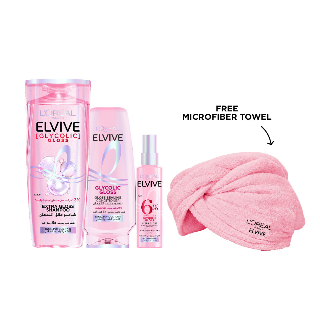 L’Oréal Elvive Glycolic Gloss Hair Care Bundle 4-piece set for shiny hair