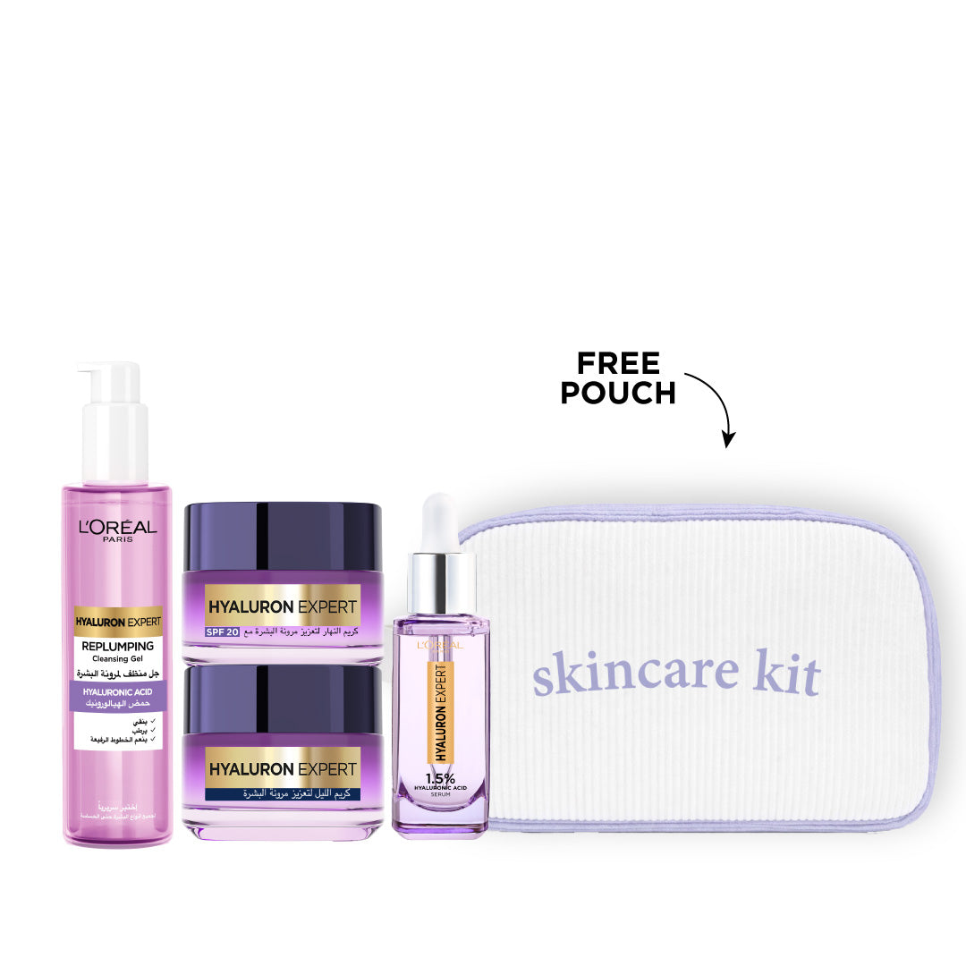 L’Oréal Paris Hyaluron Expert skincare bundle with cleansing gel, day cream, night cream, serum, and free skincare pouch for hydration and anti-aging