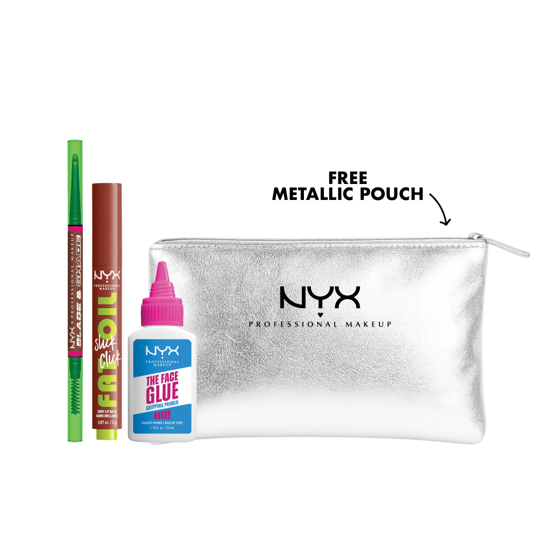 NYX Professional Makeup bundle with brow pencil, lip oil balm, gripping primer and metallic pouch