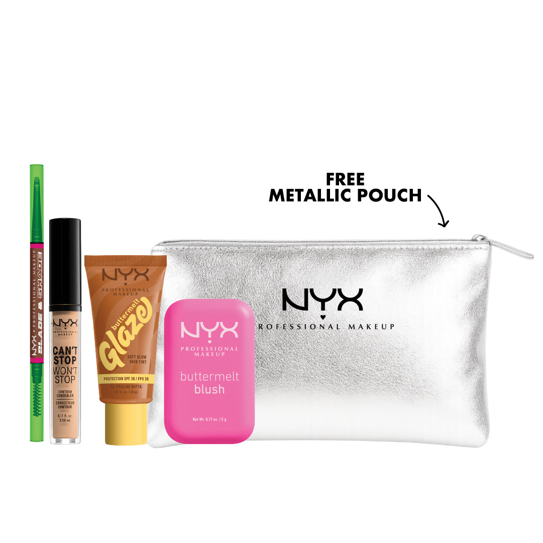 NYX full face makeup bundle with skin tint SPF30, concealer, blush, brow pencil and metallic pouch