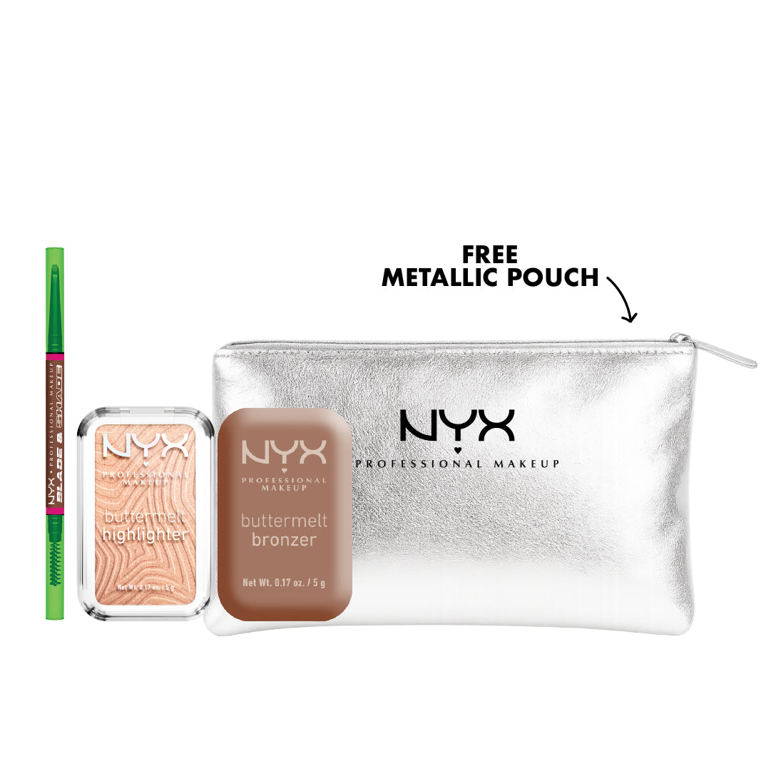 NYX makeup bundle with brow pencil, bronzer, highlighter and metallic pouch for sculpted glowing look