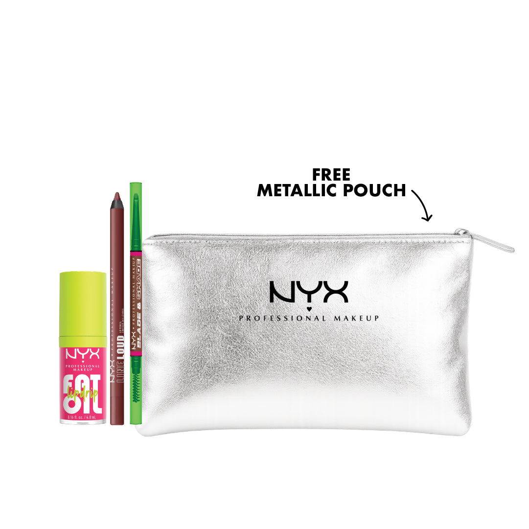 NYX makeup bundle with lip oil, lip liner, brow pencil and metallic pouch for defined lips and brows