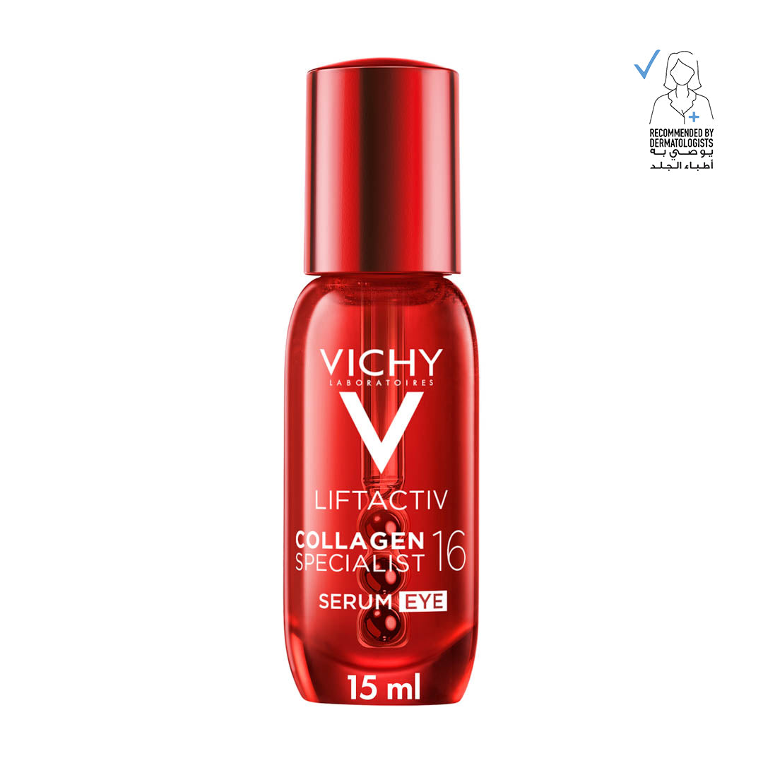 Vichy Liftactiv Collagen 16 Serum Eye in a 15 ml red glass bottle with a metallic red cap, shown on a white background with a small certification badge in the top right corner.