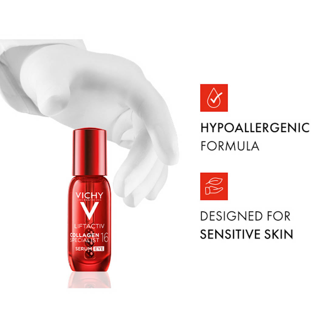 Vichy Liftactiv Collagen Brightening Serum in a red bottle, shown with a white sculpted hand graphic and text highlighting hypoallergenic formula and suitability for sensitive skin.