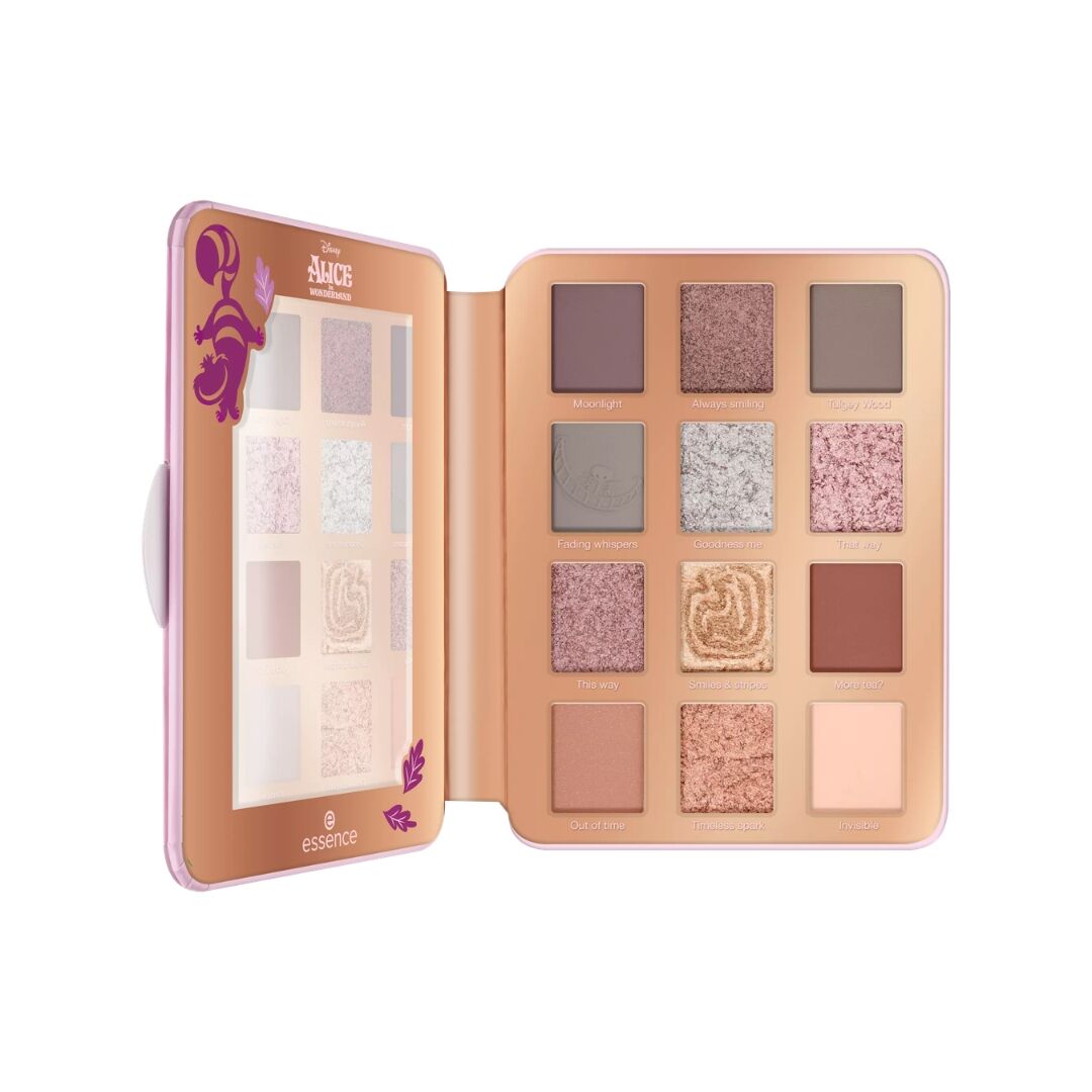 Essence Disney Alice eyeshadow palette 12 shades nude shimmer matte glitter