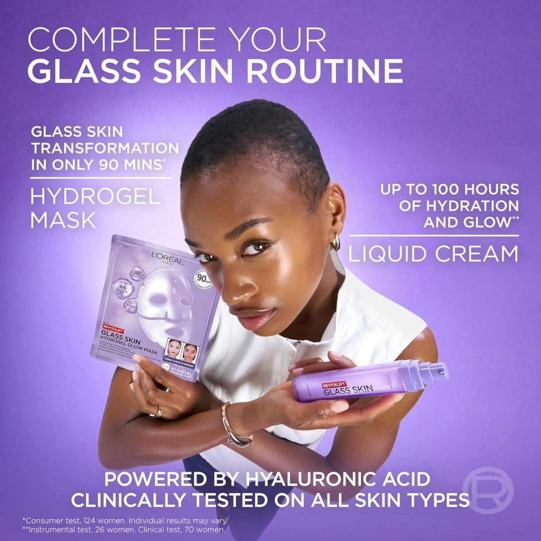 L’Oreal Revitalift glass skin hydrogel glow mask hydrating plumping sheet mask radiant skin