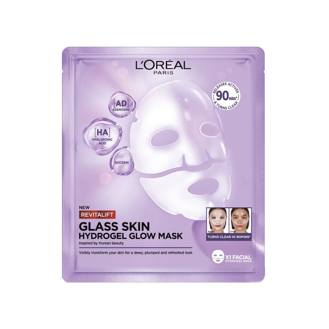 L’Oreal Revitalift glass skin hydrogel glow mask hydrating plumping sheet mask radiant skin