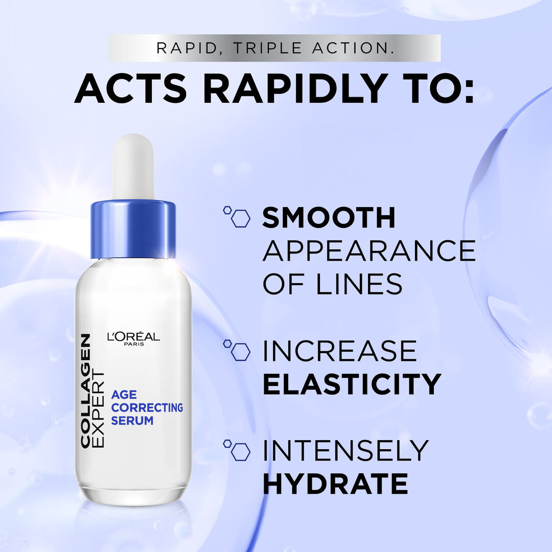 L'Oreal Collagen Expert serum bottle with text on a blue background