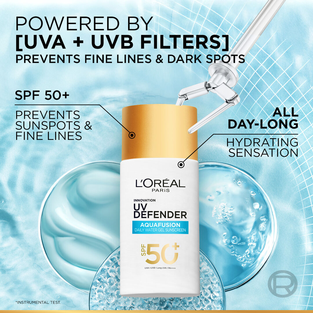 L'Oreal UV Defender AquaFusion sunscreen bottle with UVA/UVB filter information on a blue background