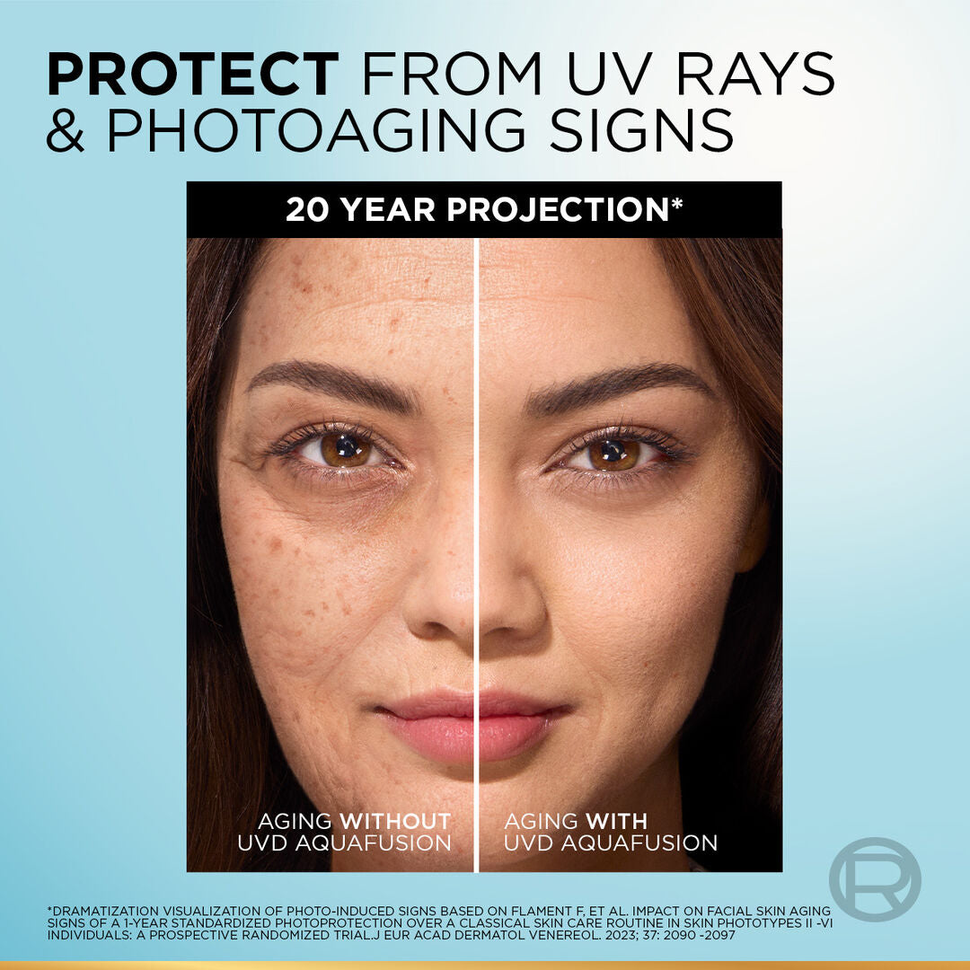 Advertisement showing a split-face comparison with text about UV protection and photoaging signs.