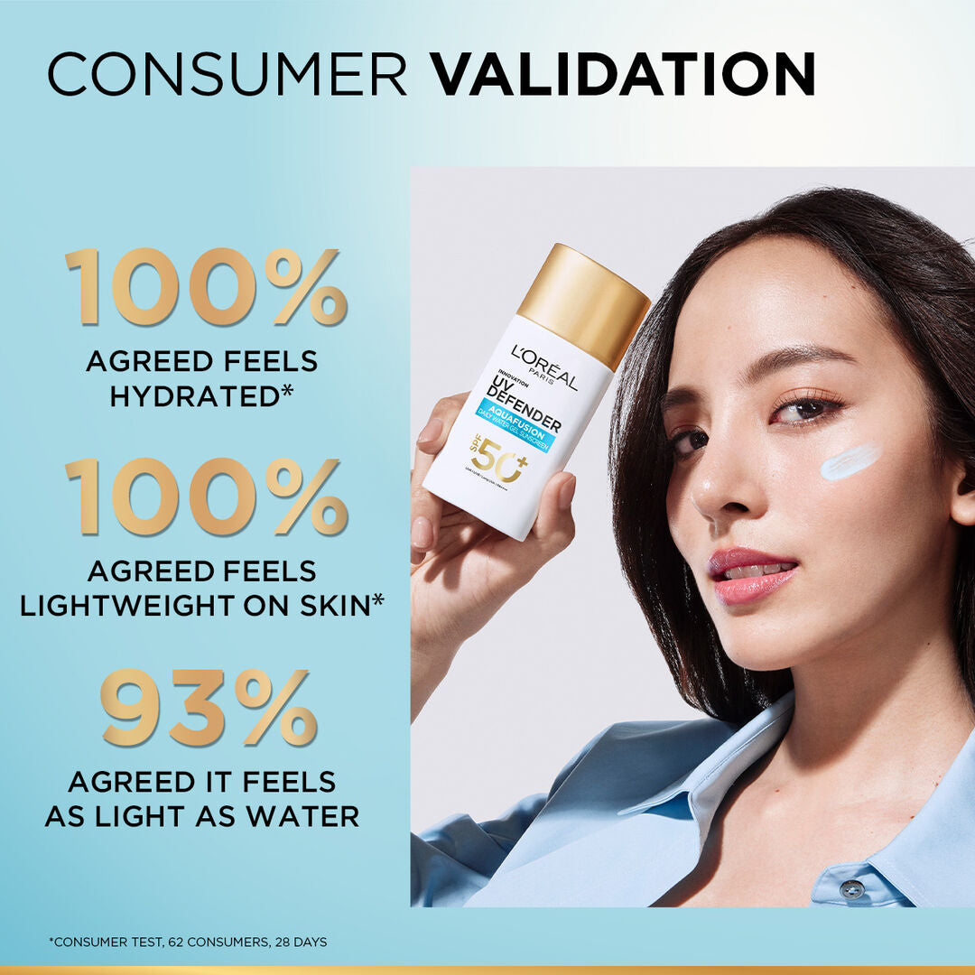 L'Oreal sunscreen bottle with consumer validation text and a woman's face.