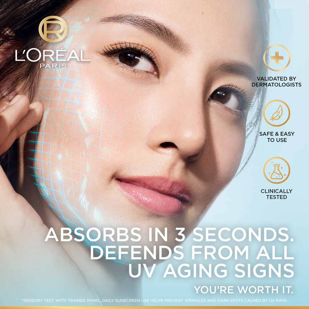 L'Oreal Paris advertisement with a woman's face and product features.