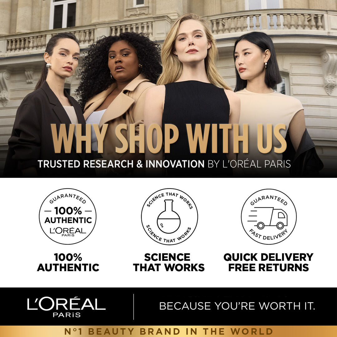 L'Oreal Paris advertisement featuring four women in front of a building, with text highlighting brand values.