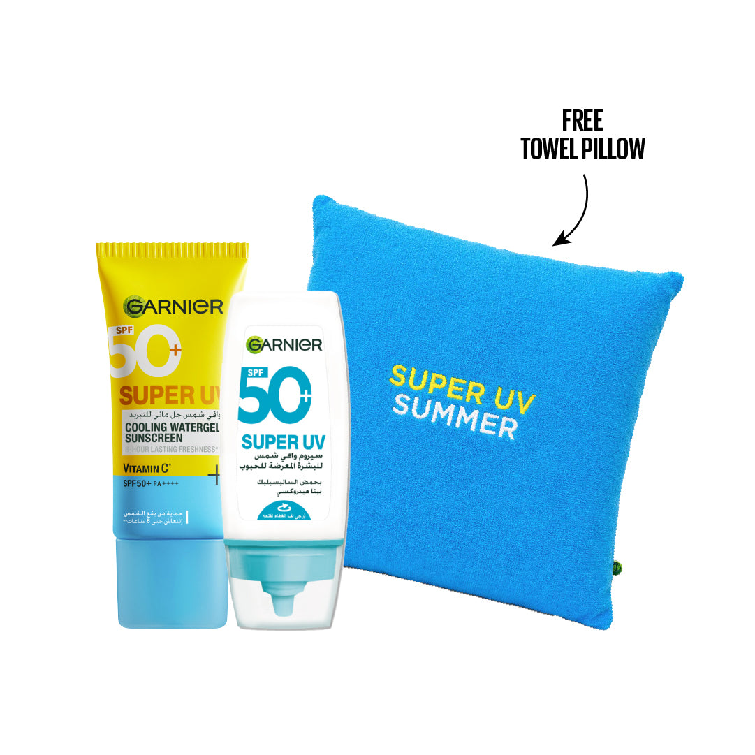 Super UV Cooling Watergel Sunscreen + Super UV Anti-Acne + FREE Towel Pillow