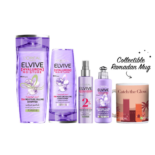 Elvive Hyaluron Moisture Shampoo + Conditioner + Serum + Leave-in + FREE Sunset Mug At 20% OFF