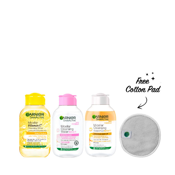 Garnier Micellar Water Pink 100 ML + Oil-Infused 100 ML + Vitamin C 100 ML + FREE Cotton Pad | Loolia Closet