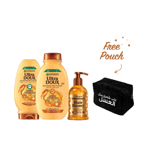 Ultra Doux Honey Treasures Shampoo 400 ML + Conditioner 200 ML + Serum 115 ML + FREE Pouch