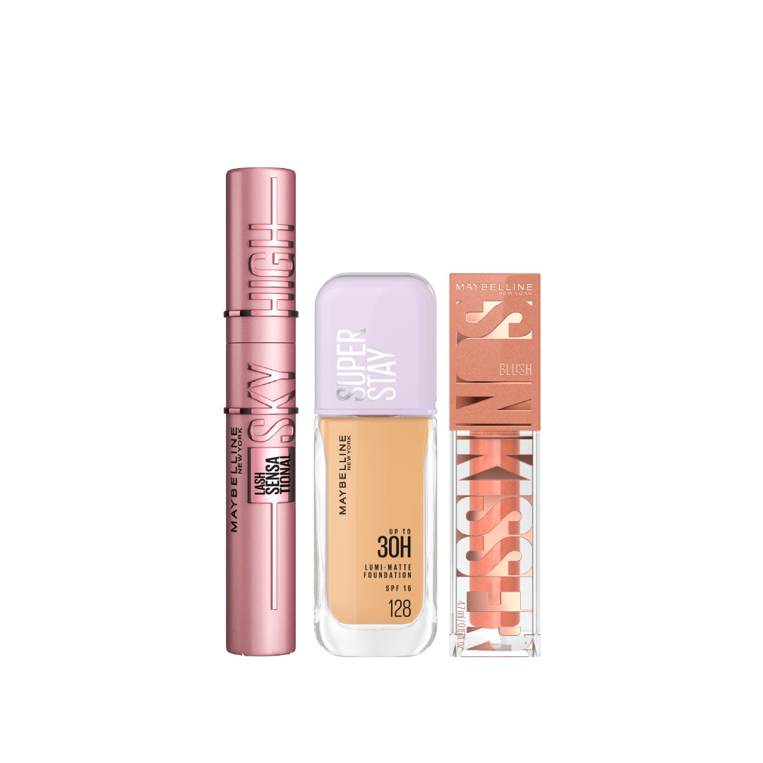 Super Stay Lumi-Matte + Sky High Mascara + Sunkisser Liquid Blush At 30% OFF